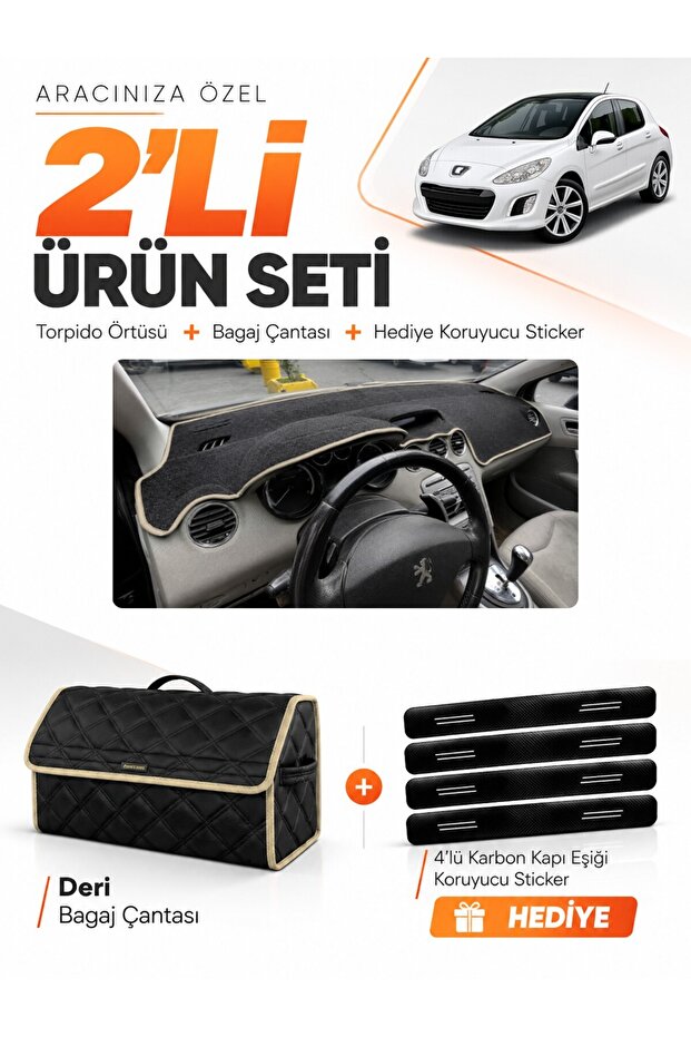 Peugeot 308 (2008-2014) Compatible Dashboard Cover + Leather Trunk Bag + Sticker Set - Pe013