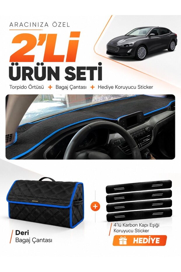 Ford Focus 4 (2017-2021) Compatible Dashboard Cover + Leather Trunk Bag + Sticker Set - Fo013