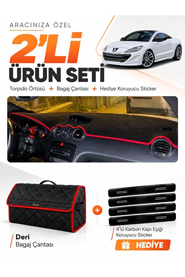 Peugeot Rcz (2010-2015) Compatible Glove Box Cover + Leather Trunk Bag + Sticker Set - Pe027
