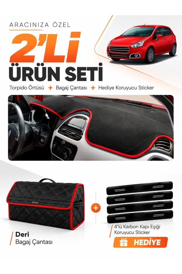 Fiat Punto Evo (2015-2021) Compatible Dashboard Cover + Leather Trunk Bag + Sticker Set - Fi017