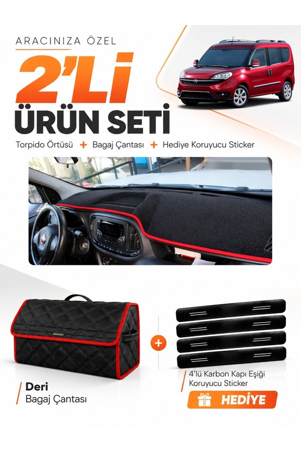 Fi̇at Doblo Fully Closed (2015-2023) Compatible Glove Box Cover + Leather Trunk Bag + Sticker Set