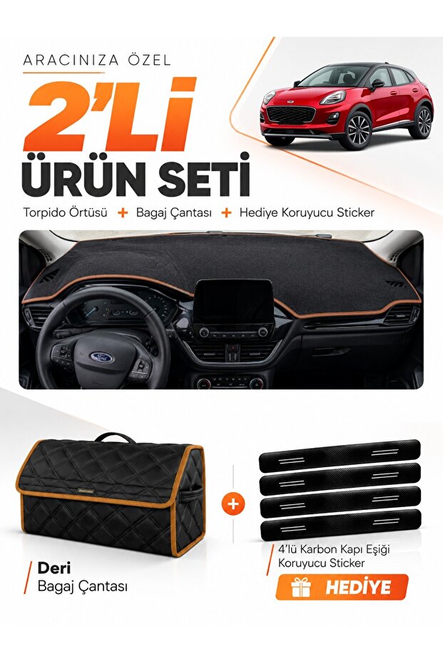 Ford Puma (2020-2023) Compatible Dashboard Cover + Leather Trunk Bag + Sticker Set - Fo023
