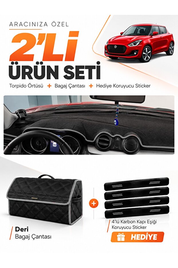 Suzuki Swi̇ft (2017-2020) Compatible Dashboard Cover + Leather Trunk Bag + Sticker Set - Sz003