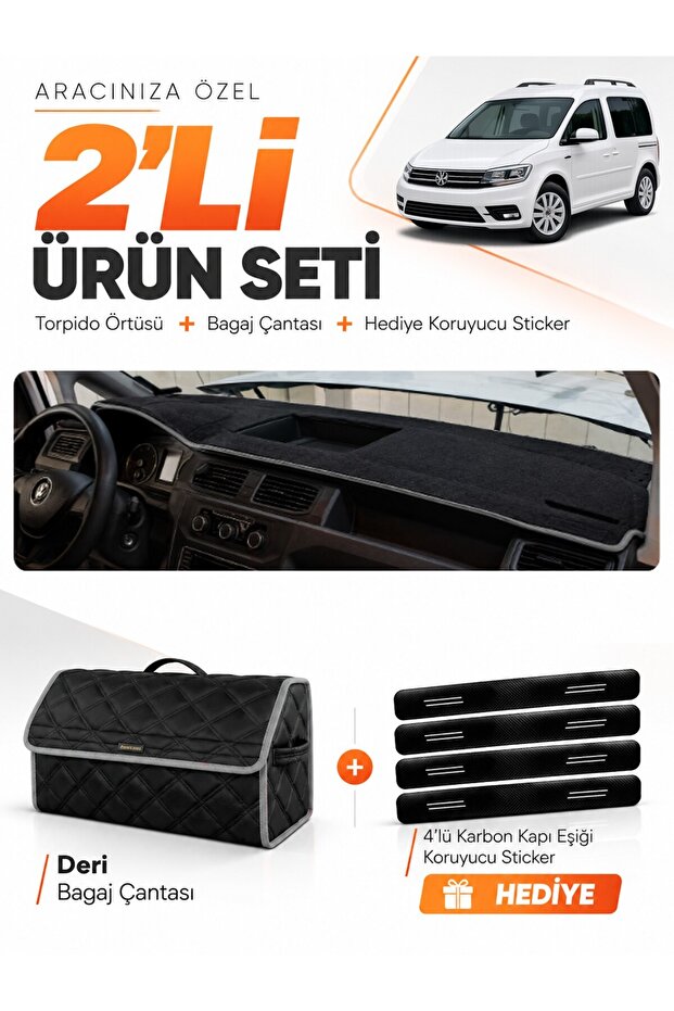 Volkswagen Caddy (2015-2019) Compatible Dashboard Cover + Leather Trunk Bag + Sticker Set - Vw002
