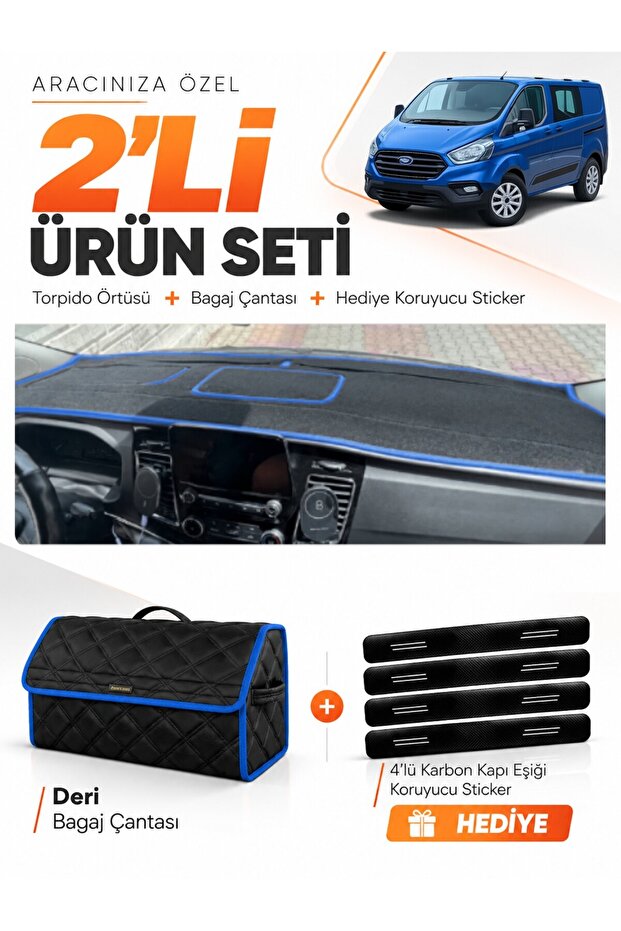 Ford Transit Custom (2016-2024) Compatible Glove Box Cover + Leather Trunk Bag + Sticker Set - Fo034