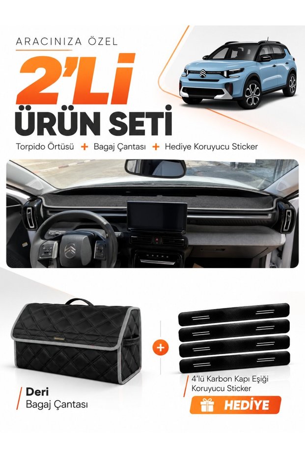 Ci̇troen C3 Ai̇rcross (2023-2026) Compatible Torpedo Cover + Leather Luggage Bag + Sticker Set - Ci020