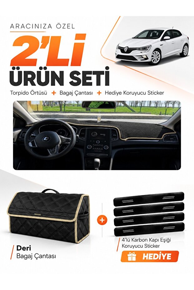 Renault Megane 4 (2016-2024) Compatible Glove Box Cover + Leather Trunk Bag + Sticker Set - Re041