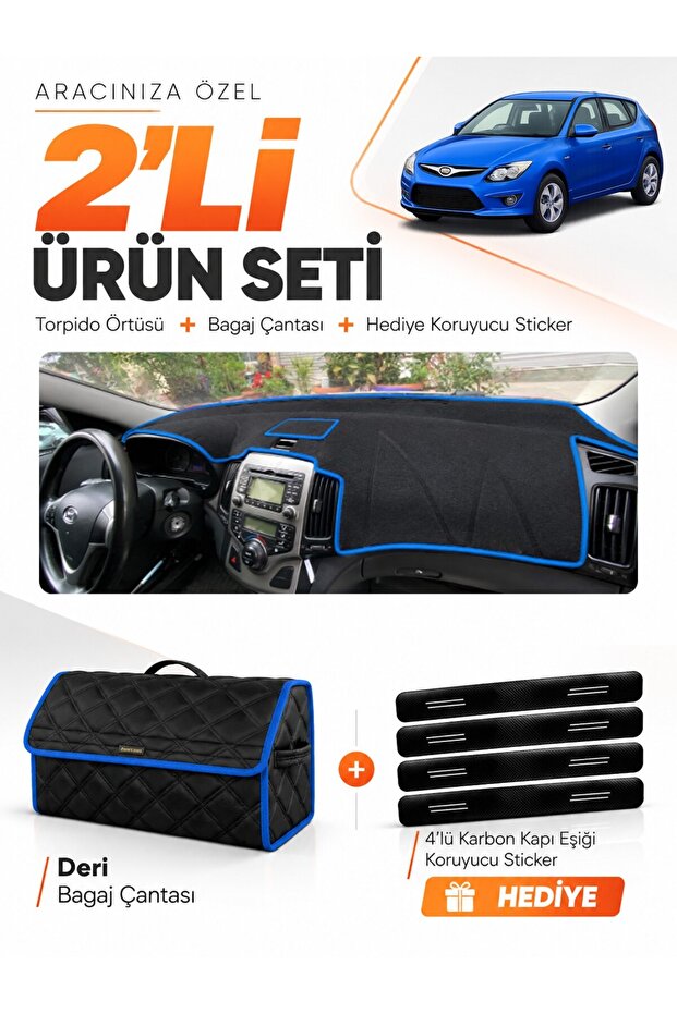 Hyundai İ30 (2007-2012) Compatible Glove Box Cover + Leather Trunk Bag + Sticker Set - Hu004