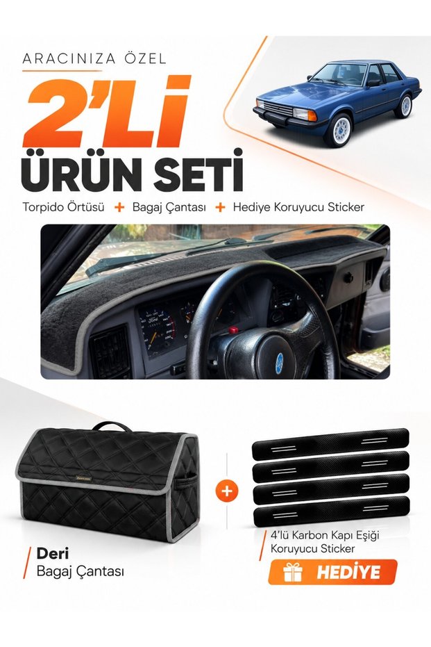 Ford Taunus (1985-1994) Compatible Glove Box Cover + Leather Trunk Bag + Sticker Set - Fo035