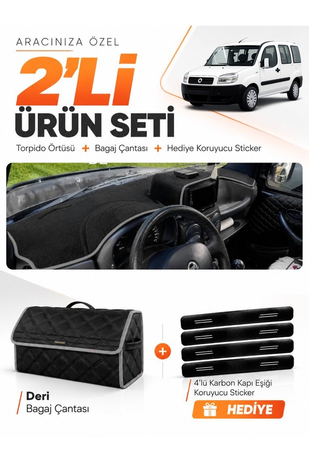 Glove Box Cover + Leather Luggage Bag Set Fiat Doblo (2000-2008) Compatible with Large Screen Without Airbags - Fi021