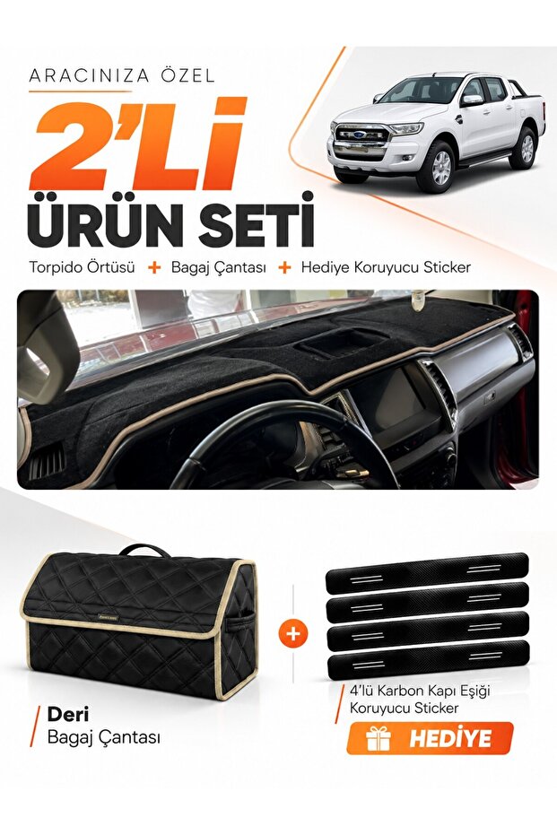 Ford Ranger (2018-2019) Compatible Dashboard Cover + Leather Trunk Bag + Sticker Set - Fo015