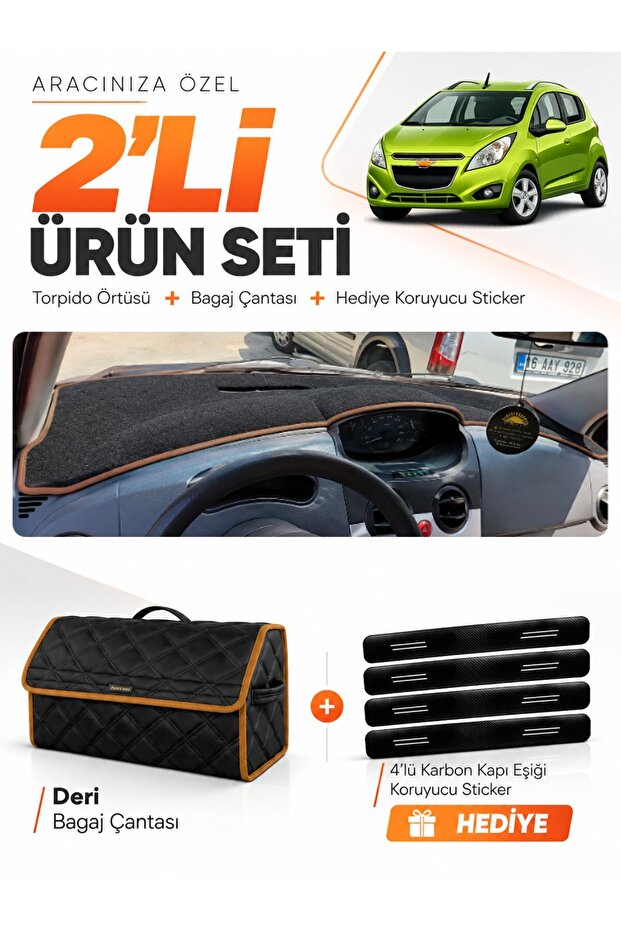 Chevrolet Spark (2009-2015) Compatible Dashboard Cover + Leather Trunk Bag + Sticker Set - Ch001