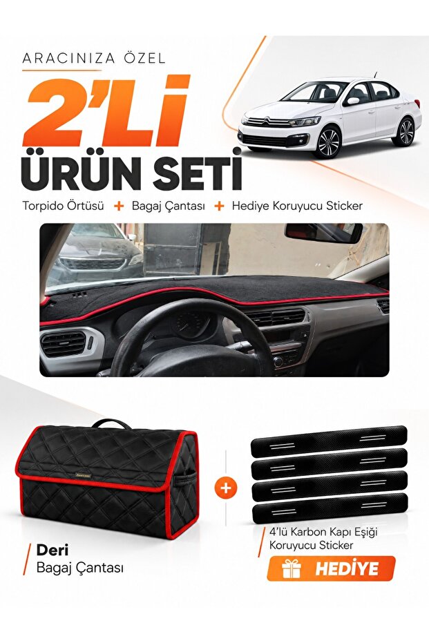 Citroen C-Elysee (2012-2022) Compatible Dashboard Cover + Leather Trunk Bag + Sticker Set - Ci009