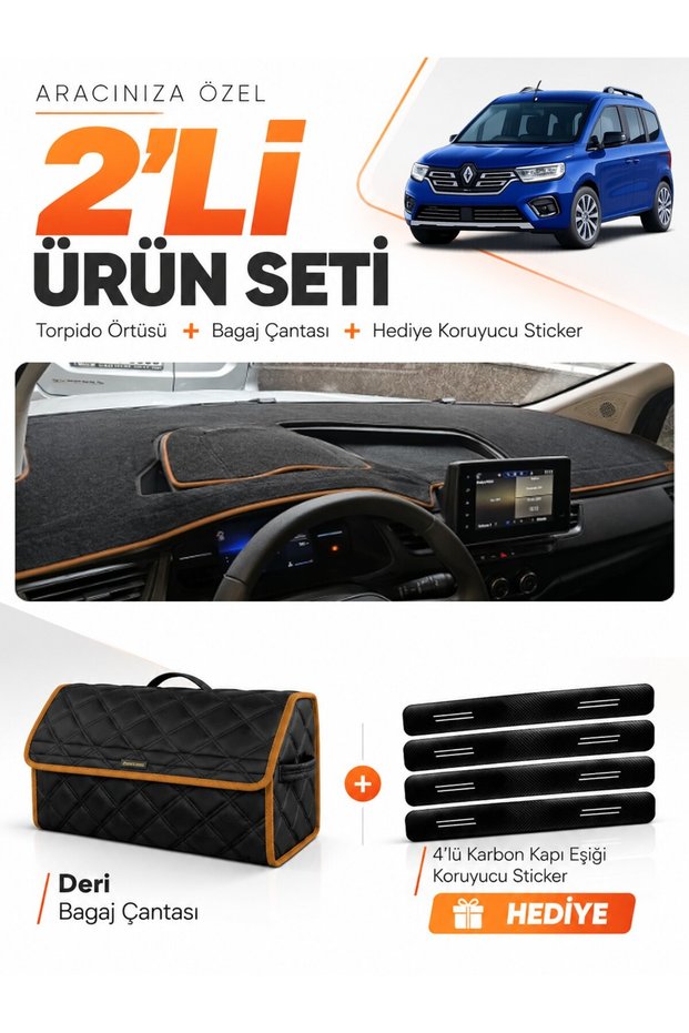 Renault Kangoo (2023-2026) Compatible Dashboard Cover + Leather Trunk Bag + Sticker Set - Re053