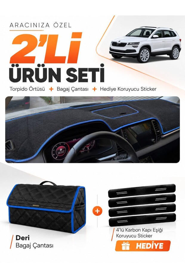Dashboard Cover + Leather Trunk Bag + Sticker Set Compatible with Skoda Karoq (2017-2024) - Sk004