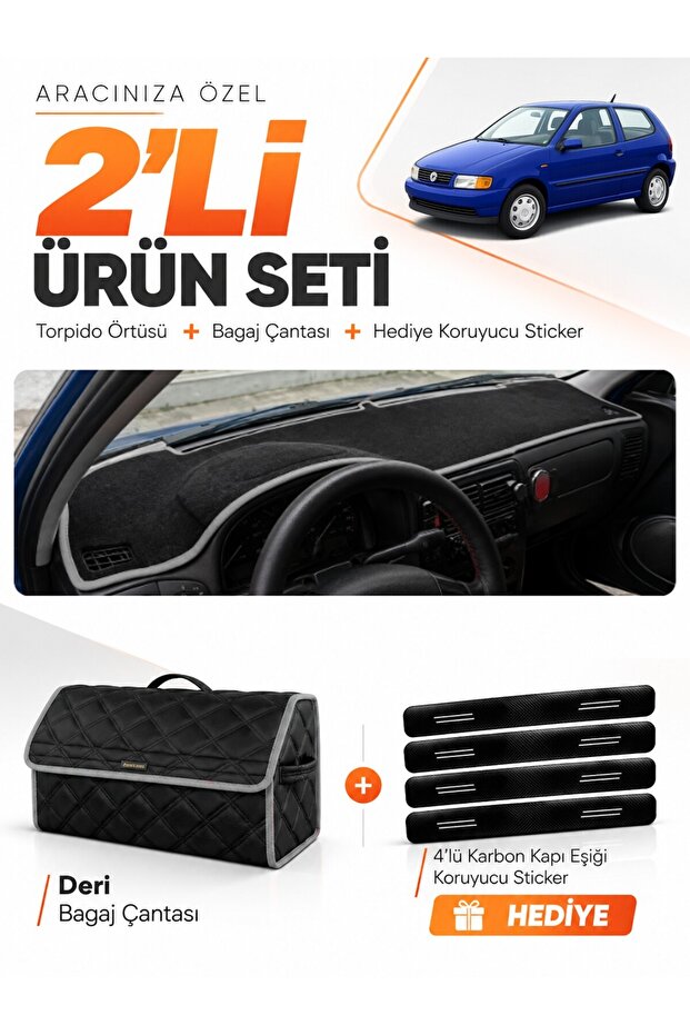 Volkswagen Polo Classic (1997-2001) Compatible Dashboard Cover + Leather Trunk Bag Set - Vw018