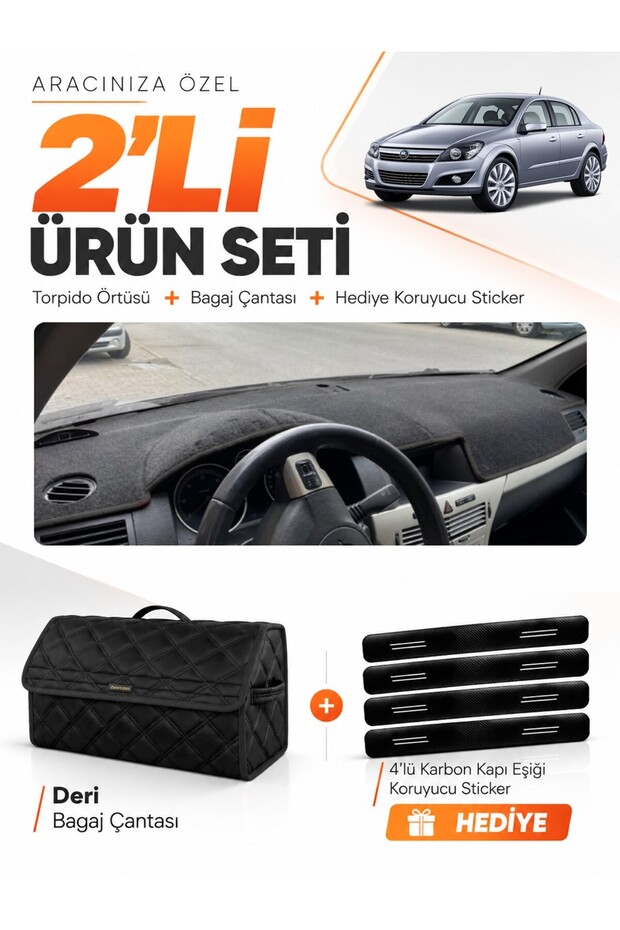 Opel Astra H (2003-2014) Compatible Dashboard Cover + Leather Trunk Bag + Sticker Set - Op003