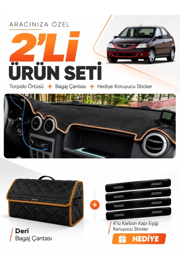 Daci̇a Logan 1 (2004-2008) Compatible Glove Box Cover + Leather Trunk Bag + Sticker Set - Da006