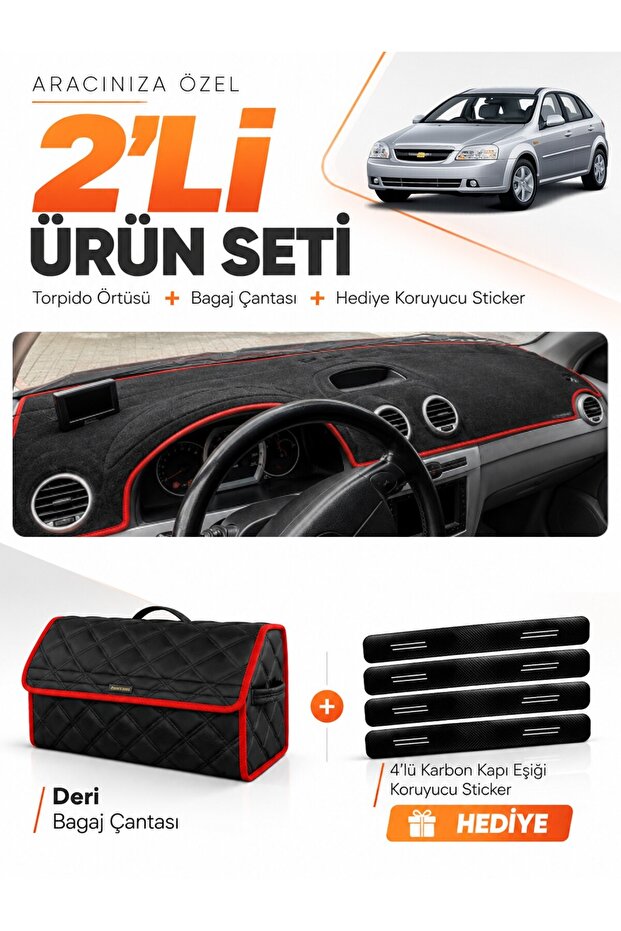Chevrolet Lacetti (2002-2009) Compatible Glove Box Cover + Leather Trunk Bag + Sticker Set - Ch002