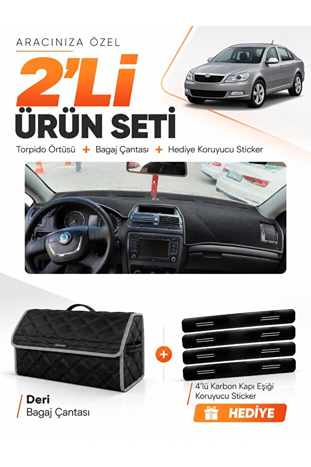 Skoda Octavia (2009-2012) Compatible Dashboard Cover + Leather Trunk Bag + Sticker Set - Sk009