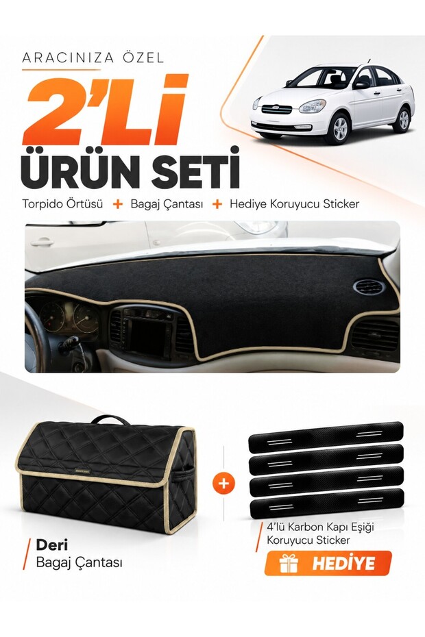 Hyundai Accent Era (2006-2011) Compatible Glove Box Cover + Leather Trunk Bag + Sticker Set - Hu010