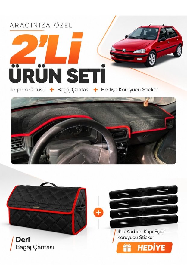 Peugeot 106 (1991-2003) Compatible Torpedo Cover + Leather Trunk Bag + Sticker Set - Pe001