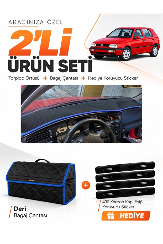 Volkswagen Golf 3 (1991-1997) Compatible Glove Box Cover + Leather Trunk Bag + Sticker Set - Vw008