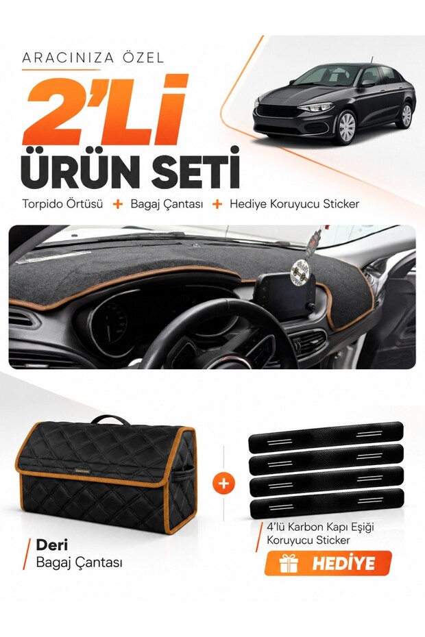 Fi̇at Egea Sedan (2019-2026) Compatible Torpedo Cover with Tablet Holder + Leather Trunk Bag Set - Fi012