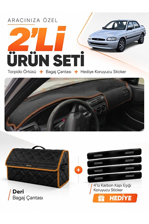 Ford Escort (1996-2002) Compatible Glove Box Cover + Leather Trunk Bag + Sticker Set - Fo014