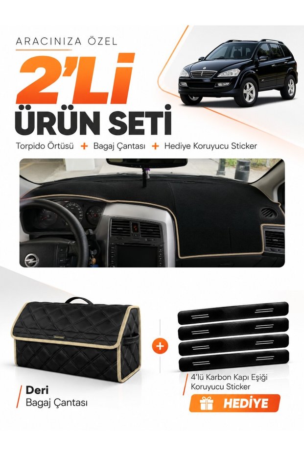 Dashboard Cover + Leather Trunk Bag + Sticker Set Compatible with Ssangyong Kyron (2005-2012) - Ss001