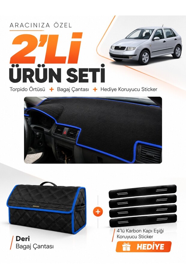 Skoda Fabia (1999-2006) Compatible Dashboard Cover + Leather Trunk Bag + Sticker Set - Sk001