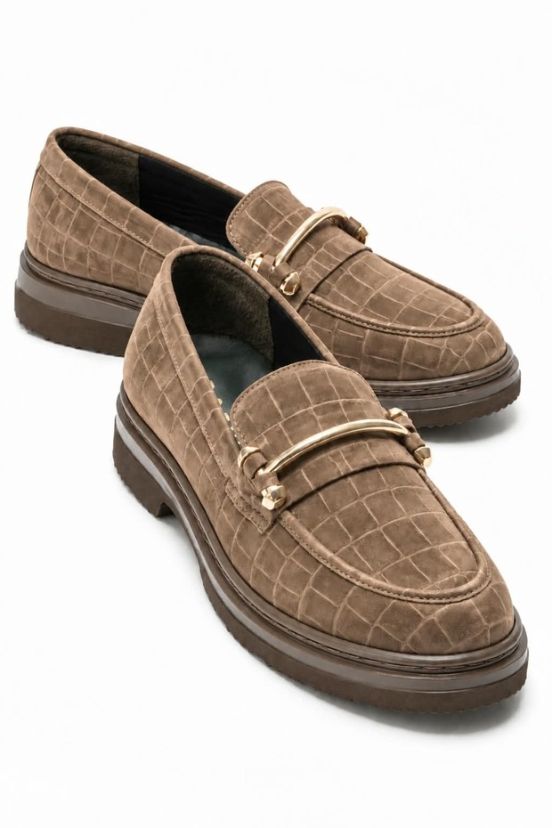 Genuine Leather Suede Accessory Detailed Crocodile Pattern Orthopedic Sole Women's Loafer Mink Chiara