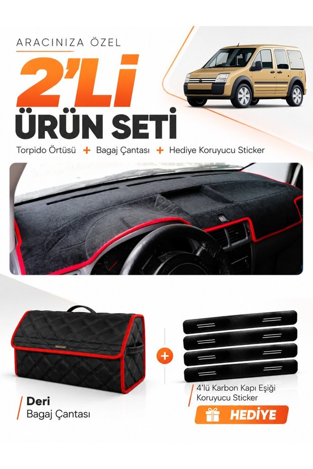 Ford Connect (2002-2008) Compatible Glove Box Cover + Leather Trunk Bag + Sticker Set - Fo016