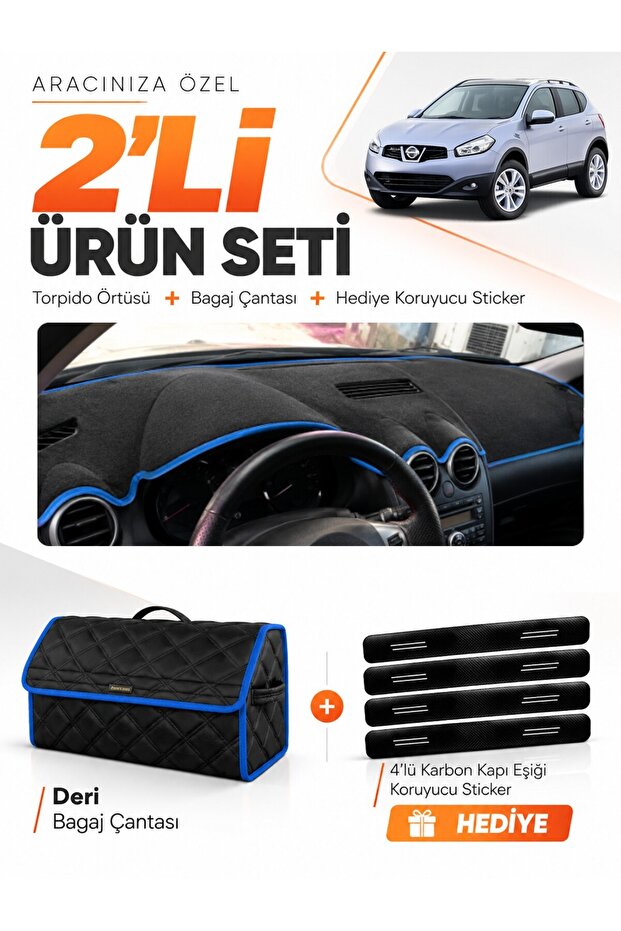 Nissan Qashqai J10 (2007-2014) Compatible Torpedo Cover + Leather Trunk Bag + Sticker Set - Ni016
