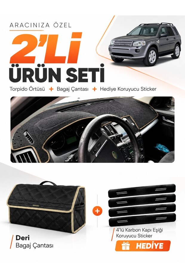 Land Rover Freelander (2006-2014) Compatible Dashboard Cover + Leather Trunk Bag + Sticker Set - Lr003