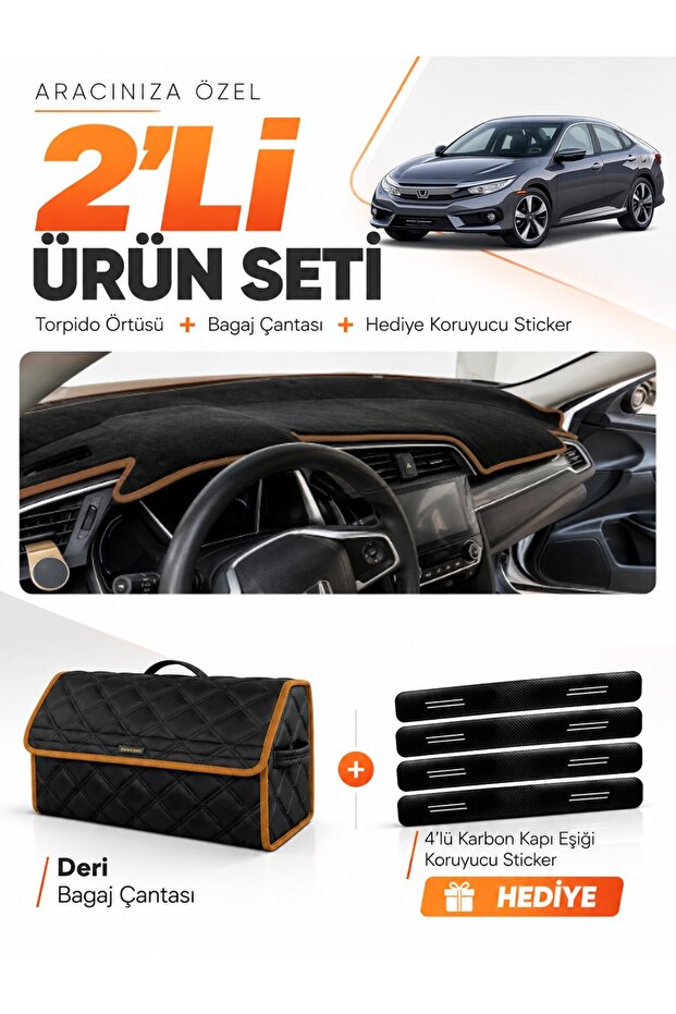 Honda Civic Fc5 (2015-2022) Compatible Dashboard Cover + Leather Trunk Bag + Sticker Set - Ho012