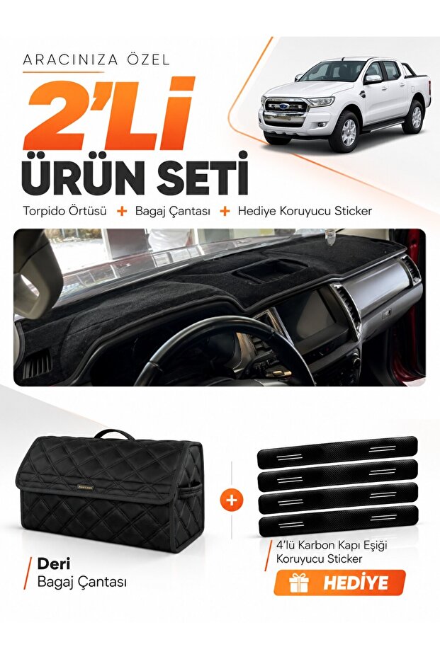 Ford Ranger (2018-2019) Compatible Dashboard Cover + Leather Trunk Bag + Sticker Set - Fo015