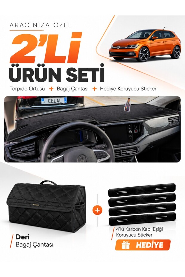 Volkswagen Polo (2022-2025) Compatible Dashboard Cover + Leather Trunk Bag + Sticker Set - Vw022