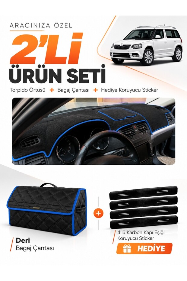 Dashboard Cover + Leather Trunk Bag + Sticker Set Compatible with Skoda Yeti (2012-2018) - Sk013