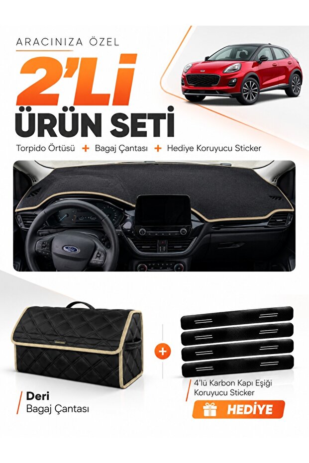 Ford Puma (2020-2023) Compatible Dashboard Cover + Leather Trunk Bag + Sticker Set - Fo023