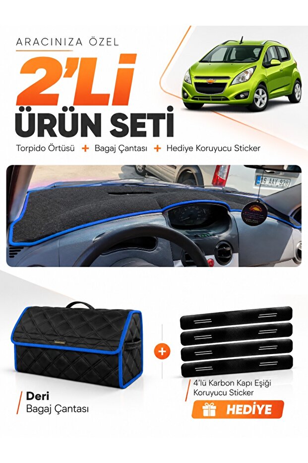 Chevrolet Spark (2009-2015) Compatible Dashboard Cover + Leather Trunk Bag + Sticker Set - Ch001