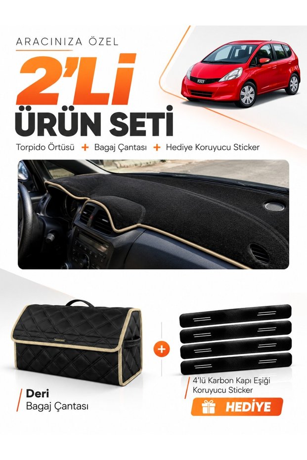 Honda Jazz (2009-2013) Compatible Dashboard Cover + Leather Trunk Bag + Sticker Set - Ho017