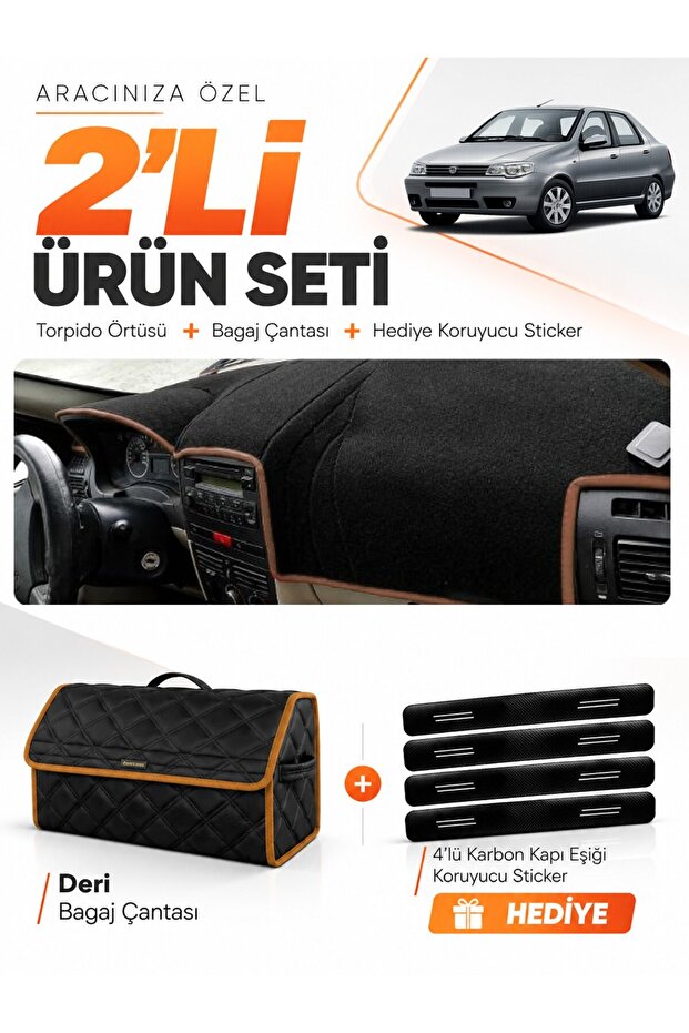 Fiat Albea (2005-2012) Compatible Dashboard Cover + Leather Trunk Bag + Sticker Set - Fi003
