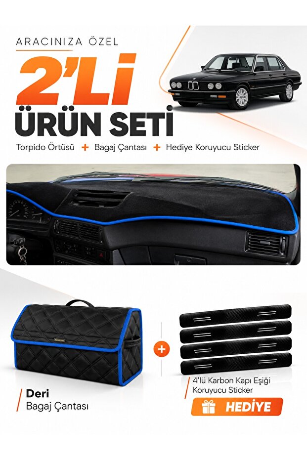 Bmw E28 (1981-1988) Compatible Glove Box Cover + Leather Trunk Bag + Sticker Set - Bm006