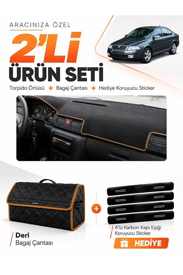Skoda Octavia (2000-2008) Compatible Dashboard Cover + Leather Trunk Bag + Sticker Set - Sk008
