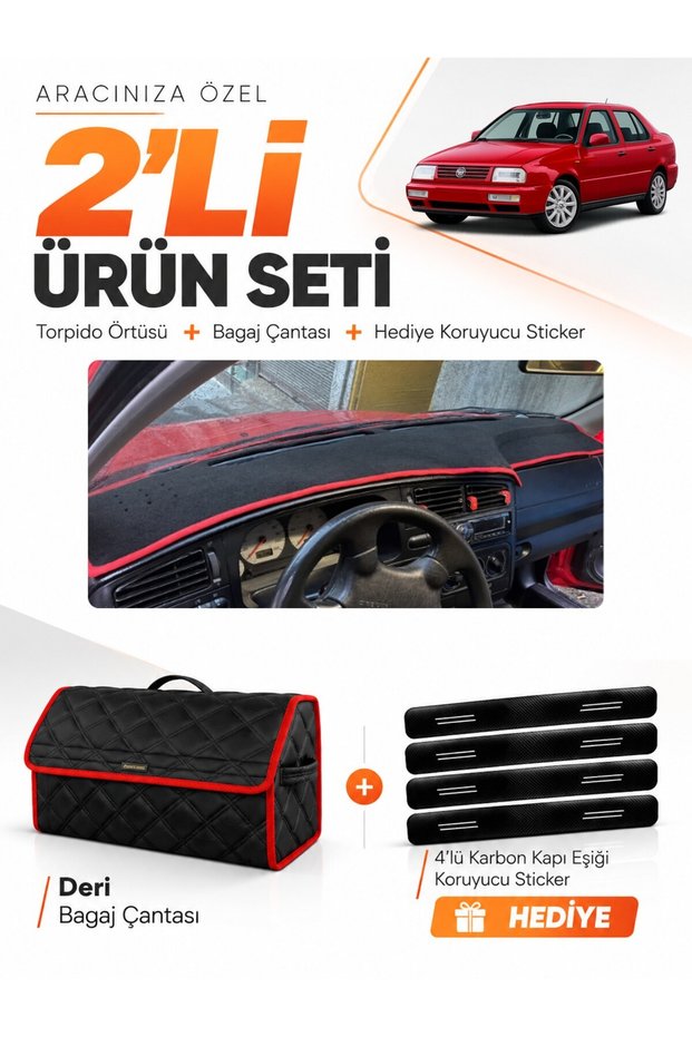 Volkswagen Vento (1992-1998) Compatible Dashboard Cover + Leather Trunk Bag + Sticker Set - Vw008