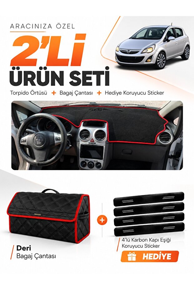 Opel Corsa D (2006-2014) Compatible Dashboard Cover + Leather Trunk Bag + Sticker Set - Op008
