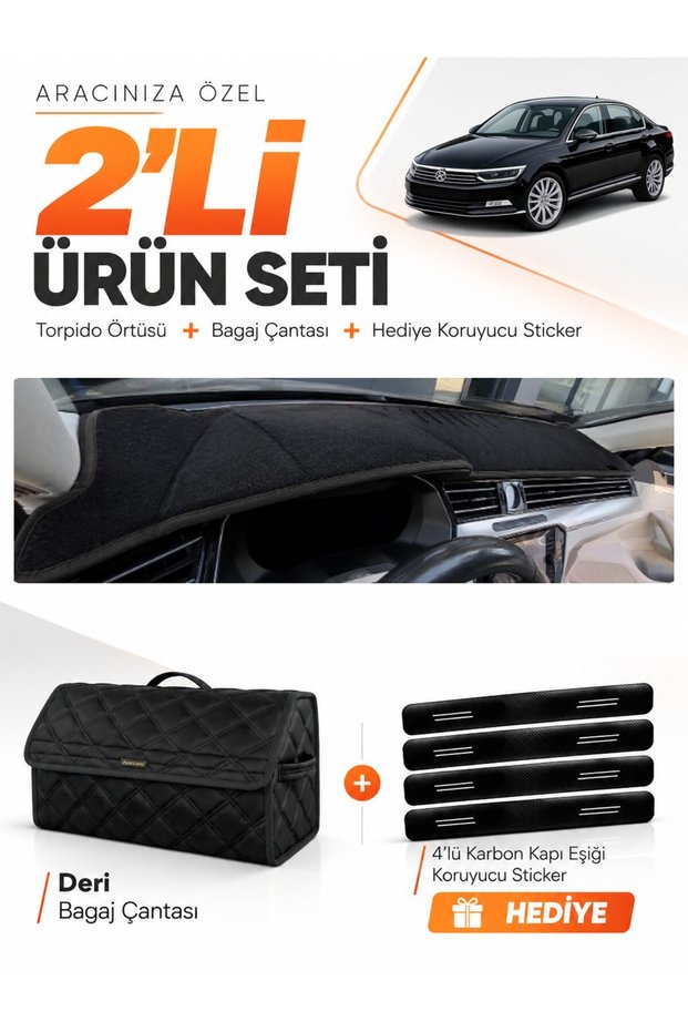 Dashboard Cover + Leather Trunk Bag + Sticker Set Compatible with Volkswagen Passat B8 (2015-2020) - Vw017