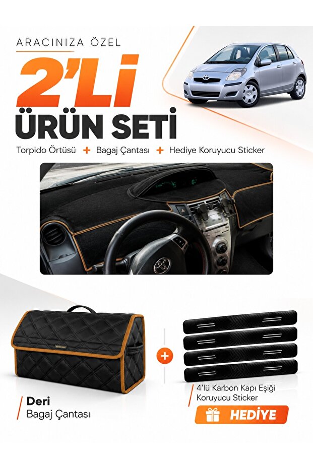 Toyota Yaris (2005-2013) Compatible Dashboard Cover + Leather Trunk Bag + Sticker Set - To025