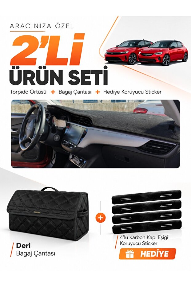 Opel Corsa F (2019-2026) Compatible Glove Box Cover + Leather Trunk Bag + Sticker Set - Op020